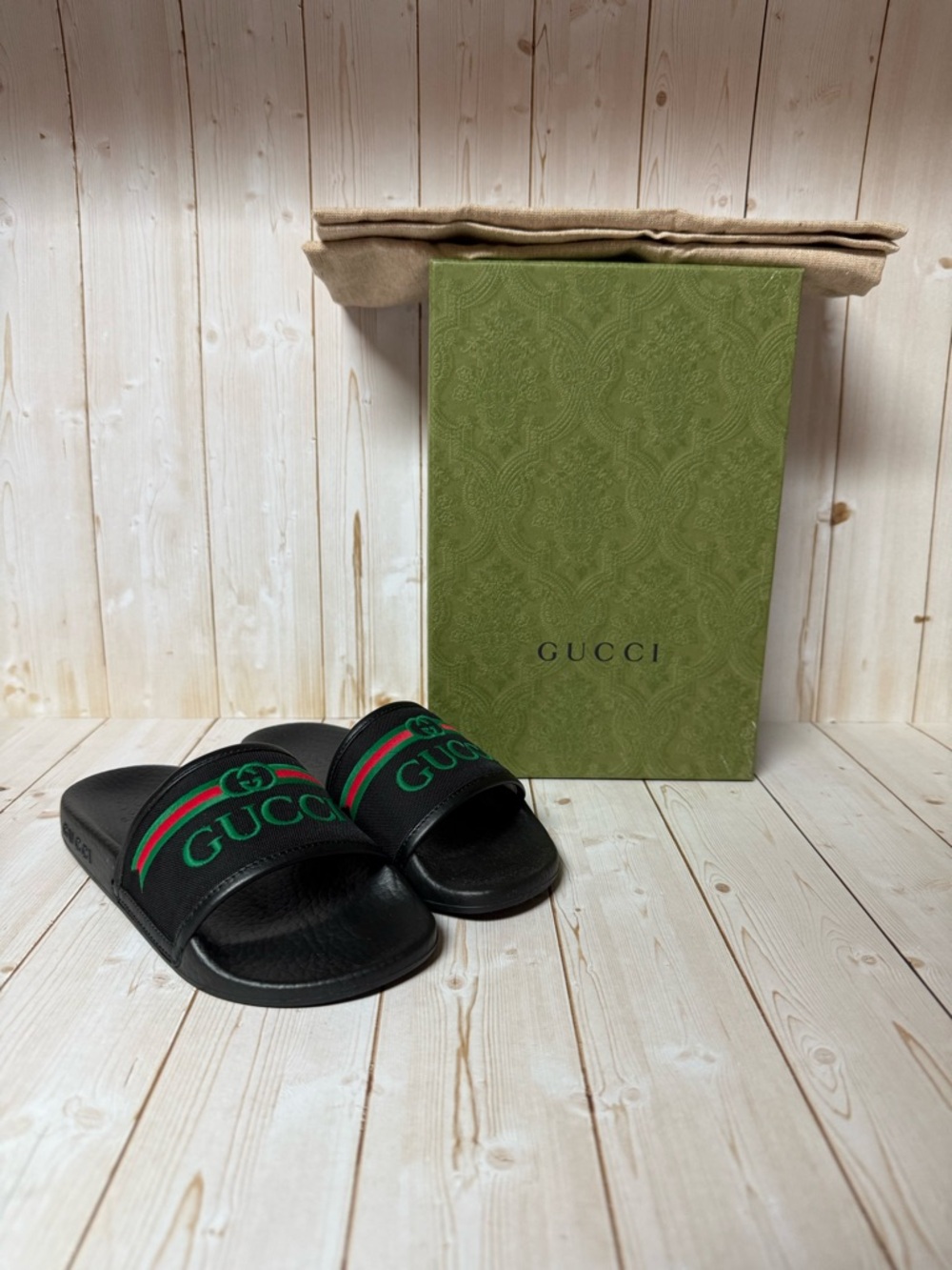 Gucci Embroidered Stripe Logo Canvas Slide Sandals Black Multicolor Sz 29 / 12